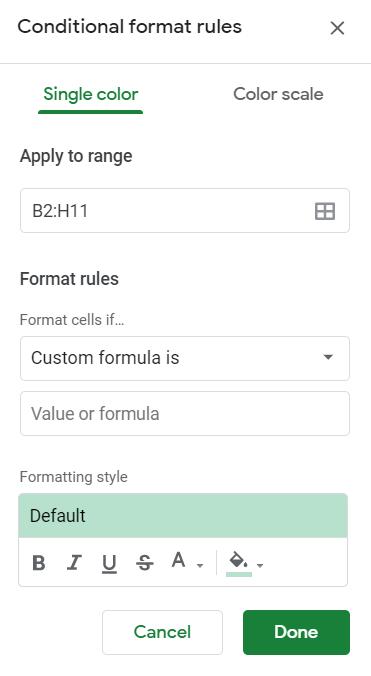 Cửa sổ Conditional format rules | Đánh dấu giá trị lớn nhất trong GG Sheets